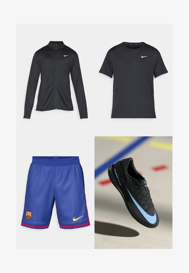 Czarna sportowa kurtka z długimi rękawami, kołnierzem i pełnym zamkiem. Posiada subtelne logo Nike w białym kolorze na lewej górnej części klatki piersiowej. Gładka tekstura.; Czarna koszulka do biegania Nike z lekkiego, oddychającego materiału, z krótkimi rękawami i małym białym logo na piersi.; Niebieskie spodenki piłkarskie z siateczkowego materiału, z czerwonym paskiem po boku, logo Barcelony oraz żółtym swoosh Nike.; Czarne buty sportowe z niebieskimi akcentami, teksturowana powierzchnia, sznurowany design i charakterystyczne logo Nike. Gumowa podeszwa z wzorami antypoślizgowymi.