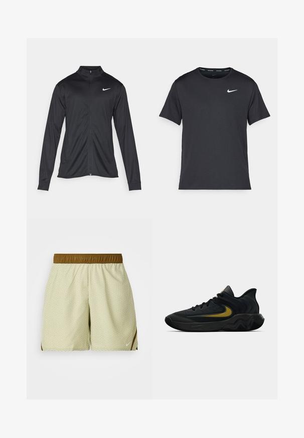Juodas sportinis švarkas su ilgomis rankovėmis, apykakle ir pilnu užtrauktuku. Yra subtilus baltas Nike logotipas kairėje krūtinės pusėje. Lygus tekstūra.; Juodas Nike bėgimo marškinėlis, pagamintas iš lengvos, kvėpuojančios medžiagos, turintis trumpas rankoves ir mažą baltą logotipą ant krūtinės.; Šviesiai žali šortai su deimanto raštu, elastingu rudu juosmeniu ir šoninėmis detalėmis. Pagaminti iš kvėpuojančios medžiagos, užtikrinančios komfortą.; Juodos ir tamsiai pilkos sportinės bateliai su juodais raišteliais ir auksiniu šypsenėlių logotipu, turintys bangos formos pado dizainą ir paminkštintą kulkšnies apykaklę.