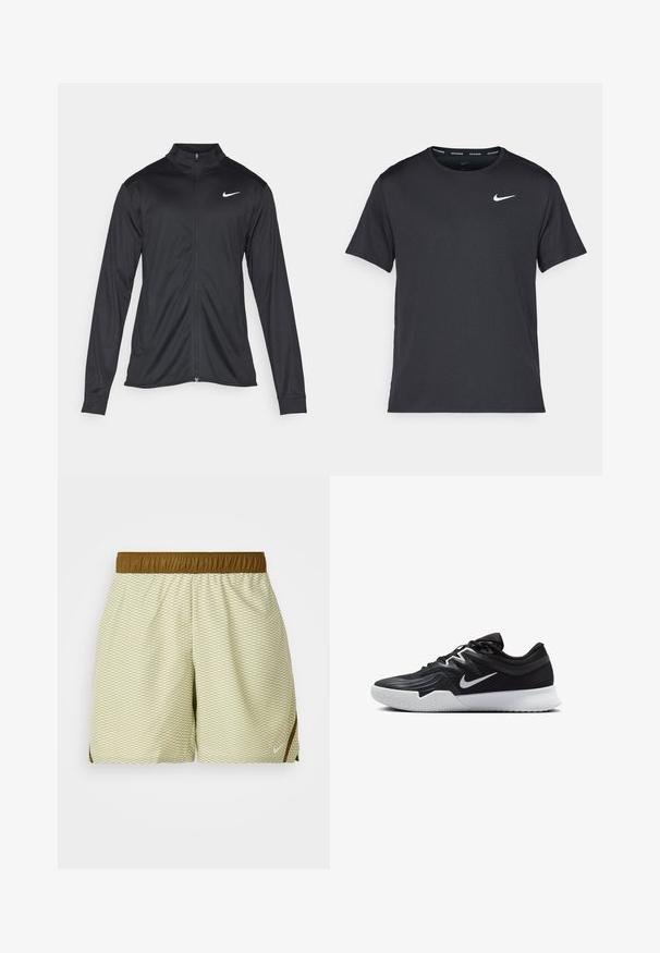 Chaqueta atlética negra con mangas largas, collar y cremallera completa. Presenta un sutil logo de Nike en blanco en la parte superior izquierda del pecho. Textura suave.; Camiseta de running negra de Nike, hecha de material ligero y transpirable, con mangas cortas y un pequeño logo blanco en el pecho.; Pantalones cortos verde claro con un patrón de diamantes, cinturilla elástica marrón y detalles laterales. Elaborados con tejido transpirable para mayor comodidad.; Zapatilla deportiva negra con parte superior texturizada, logo de Nike en blanco y suela de goma blanca. Tiene un diseño con cordones y una forma dinámica.