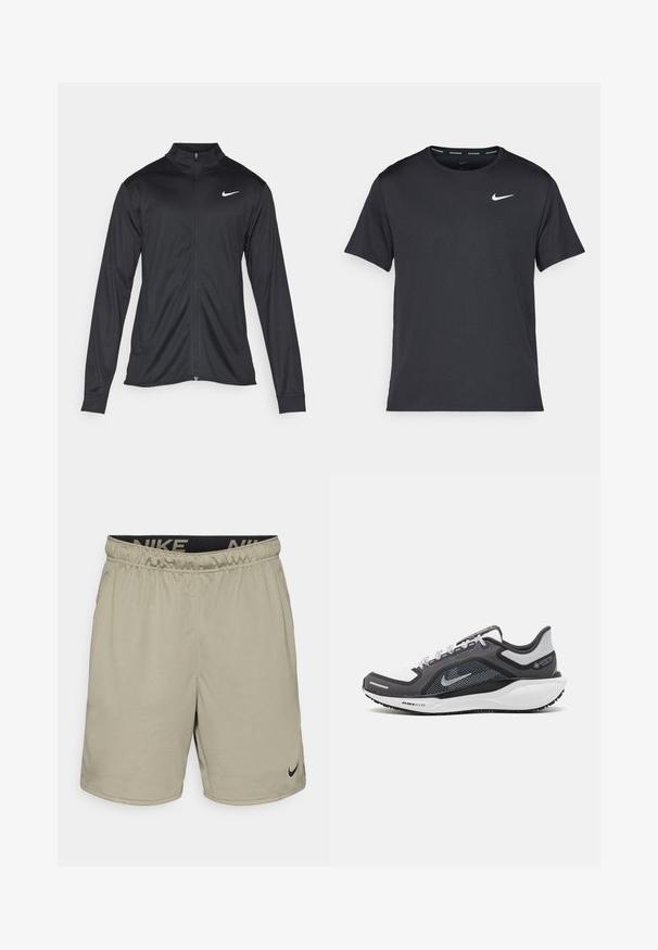 Jachetă sportivă neagră cu mâneci lungi, guler și fermoar complet. Prezintă un logo Nike subtil, alb, pe pieptul din stânga sus. Textură netedă.; Tricou de alergare Nike negru, fabricat dintr-un material ușor și respirabil, cu mâneci scurte și un mic logo alb pe piept.; Shorts Nike de culoare khaki deschis, cu un tiv elastic, având un logo negru al brandului și un mic swoosh negru pe partea inferioară a piciorului stâng.; Încălțăminte sport neagră și gri, cu partea superioară din plasă, accente reflectorizante și o talpă intermediară albă. Dispune de o talpă din cauciuc texturat și șireturi.