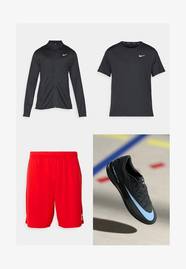 Zwarte sportjack met lange mouwen, kraag en volle rits. Voorzien van een subtiele Nike-logo in het wit op de bovenste linkerborst. Soepele textuur.; Zwarte Nike hardloop T-shirt gemaakt van lichtgewicht, ademend materiaal, met korte mouwen en een klein wit logo op de borst.; Rode sportieve shorts van lichtgewicht stof, met een elastische tailleband, een gladde textuur en een logo-detail aan de onderzijde rechts.; Zwarte sportschoen met blauwe accenten, gestructureerd oppervlak, vetersluiting en herkenbaar Nike-logo. Rubberen zool met grippatronen.