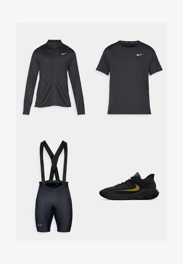 Svart idrottsjacka med långa ärmar, krage och full dragkedja. Har en diskret Nike-logga i vitt på övre vänstra bröstet. Slät yta.; Svart Nike löpeshirt i lätt, andningsbart material, med korta ärmar och en liten vit logotyp på bröstet.; Svarta cykelbibs med justerbara axelremmar, vadderad sits, texturerat tyg och logodetalj på vänster ben. Kroppsnära design.; Svart och mörkgrå sportskor med svarta snören och gul swoosh-logotyp, utrustad med en vågig sula och vadderad hälkrage.