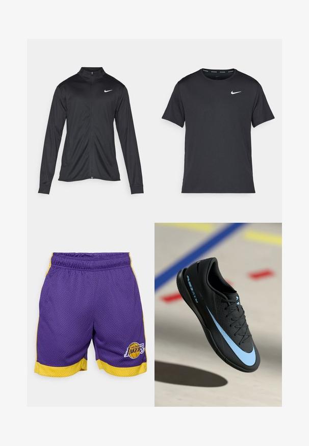 Melna sporta jaka ar garām piedurknēm, apkakli un pilnu rāvējslēdzēju. Uz kreisā krūts augšdaļas ir maigs Nike logo baltā krāsā. Gluda tekstūra.; Melna Nike skriešanas T-kreklā, kas izgatavots no viegla un elpojoša materiāla, ar īsām piedurknēm un mazu baltu logo uz krūtīm.; Violet sieta bumbu bikses ar dzelteniem apmalēm un sānu akcents, piedāvājot izšūtu Los Angeles Lakers logo priekšpusē.; Melnas sporta apavas ar ziliem akcentiem, teksturēta virsma, auklu dizains un izteiksmīga Nike logo. Gumijas zole ar saķeres rakstiem.