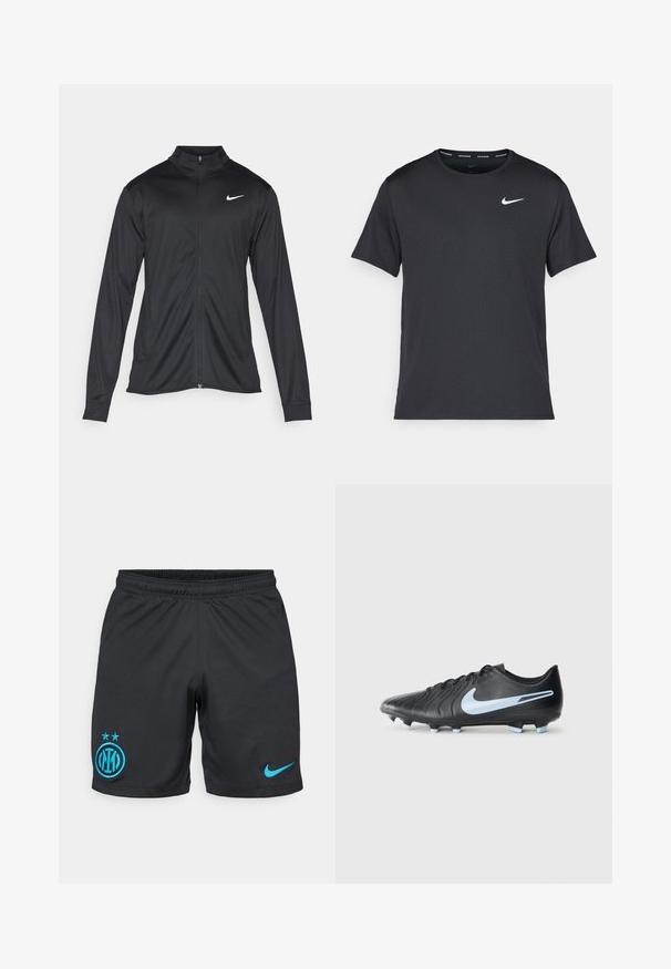 Juodas sportinis švarkas su ilgomis rankovėmis, apykakle ir pilnu užtrauktuku. Yra subtilus baltas Nike logotipas kairėje krūtinės pusėje. Lygus tekstūra.; Juodas Nike bėgimo marškinėlis, pagamintas iš lengvos, kvėpuojančios medžiagos, turintis trumpas rankoves ir mažą baltą logotipą ant krūtinės.; Juodi futbolo šortai, pagaminti iš kvėpuojančios medžiagos, su mėlynu "Inter Milan" logotipu, dviem žvaigždutėmis ir mažu mėlynu "Nike" ženklu šone.; Juodas futbolo batelis su tekstūruotu odiniu paviršiumi, mėlynas "swoosh" logotipas ir šviesiai mėlyni smaigaliai. Ypatumai – elegantiškas dizainas ir raištelių užsegimas.