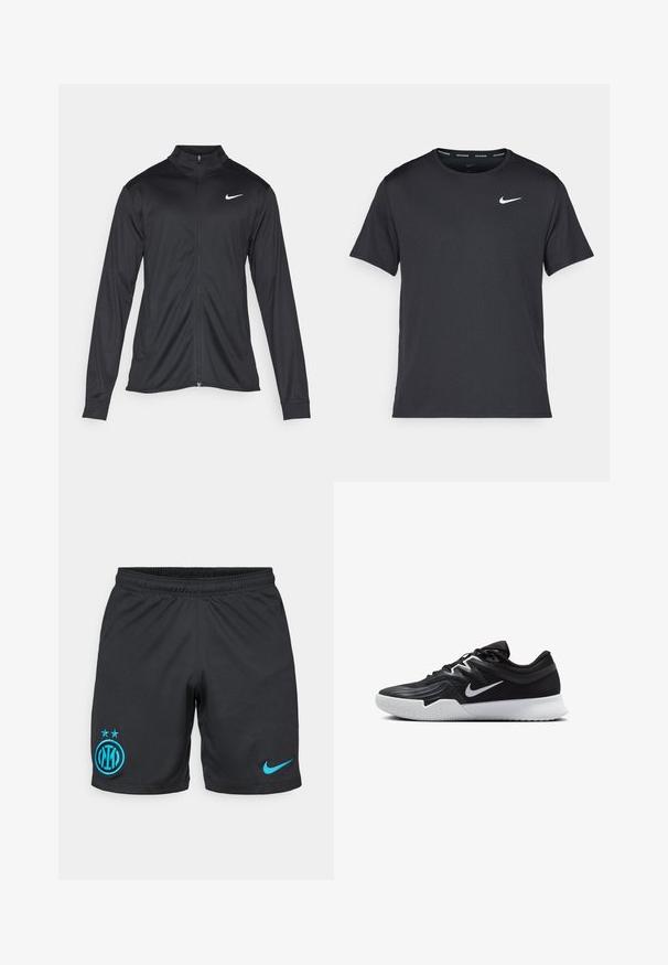Melna sporta jaka ar garām piedurknēm, apkakli un pilnu rāvējslēdzēju. Uz kreisā krūts augšdaļas ir maigs Nike logo baltā krāsā. Gluda tekstūra.; Melna Nike skriešanas T-kreklā, kas izgatavots no viegla un elpojoša materiāla, ar īsām piedurknēm un mazu baltu logo uz krūtīm.; Melni futbola šorti, izgatavoti no elpojoša auduma, ar zilu Inter Milan logo, divām zvaigznēm un mazu zilu Nike swoosh sānos.; Melni sporta apavi ar teksturētu virsu, balto Nike zulumu un balto gumijas zoli. Iezīmējas ar auklu pievilkšanas dizainu un dinamisku formu.