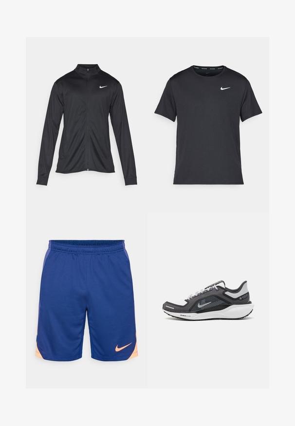 Crna sportska jakna s dugim rukavima, ovratnikom i punim patentnim zatvaračem. Ima suptilan Nike logo u bijeloj boji na gornjem lijevom dijelu prsne oznake. Glatka tekstura.; Crna Nike majica za trčanje napravljena od laganog, prozračnog materijala, s kratkim rukavima i malim bijelim logotipom na prsima.; Plave atletske kratke hlače izrađene od prozračnog materijala, s elastičnom strukom i narančastim Nike logom na donjoj lijevoj strani.; Crne i sive atletske cipele s mrežastim gornjim dijelom, reflektirajućim detaljima i bijelim među-djelom. Imaju strukturiranu gumenu potplate i vezice.