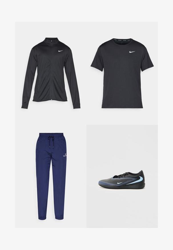 Melna sporta jaka ar garām piedurknēm, apkakli un pilnu rāvējslēdzēju. Uz kreisā krūts augšdaļas ir maigs Nike logo baltā krāsā. Gluda tekstūra.; Melna Nike skriešanas T-kreklā, kas izgatavots no viegla un elpojoša materiāla, ar īsām piedurknēm un mazu baltu logo uz krūtīm.; Jūras zemūdenes zilas sporta bikses, kas izgatavotas no viegla materiāla. Tām ir elastīgs jostasvieds ar auklu un mazs logo uz augšstilba.; Melna un zila zema profila sporta apavu pāris ar teksturētu virsmu, melnām šņorēm un gaiši zilām Nike žilbinošām logrām sānos un zolē.