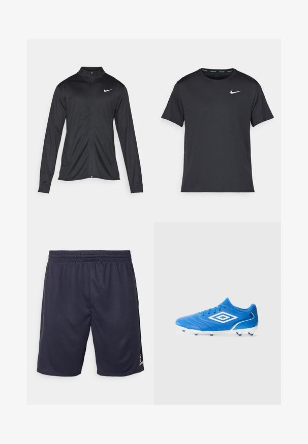 Črna atletska jakna z dolgimi rokavi, ovratnikom in polnim zadrgo. Vključuje diskreten bel Nike logotip na zgornjem levem delu prsnega koša. Gladka tekstura.; Črna tekaška majica Nike, izdelana iz lahkega in zračnega materiala, z kratkimi rokavi in majhnim belim logotipom na prsih.; Mornarsko športno kratke hlače iz dihajočega materiala, z elastičnim pasom in gladko teksturo, z majhnim logotipom na strani.; Modre nogometne čevlje z teksturiranim zgornjim delom, ki vključujejo belo logotip in dodatke, ter šest cleatov za oprijem. Standardna zasnova za vezanje.