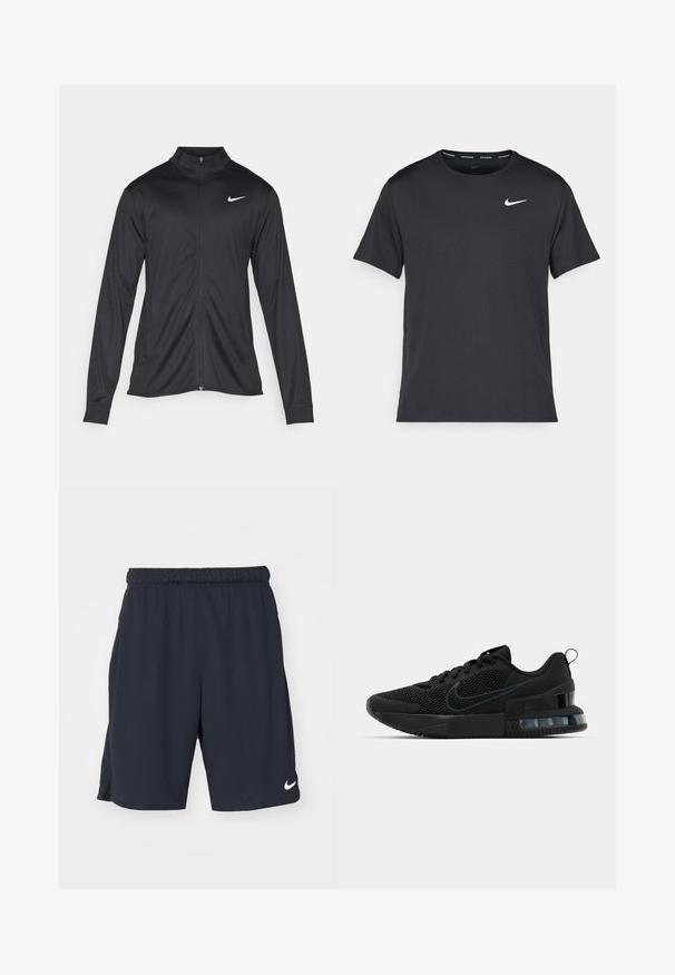 Jachetă sportivă neagră cu mâneci lungi, guler și fermoar complet. Prezintă un logo Nike subtil, alb, pe pieptul din stânga sus. Textură netedă.; Tricou de alergare Nike negru, fabricat dintr-un material ușor și respirabil, cu mâneci scurte și un mic logo alb pe piept.; Shorts de atletism marine din poliester, cu un elastic la talie, buzunare laterale și un logo alb Nike pe partea inferioară a piciorului stâng.; Pantofii atletici negri Nike au un superior din plasă, talpă din cauciuc, guler căptușit și un accent distinct transparent în călcâi.