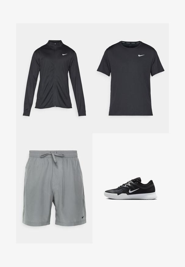 Fekete sportdzseki hosszú ujjal, gallérral és teljes cipzárral. Diszkrét fehér Nike logóval az upper bal mellen. Sima textúra.; Fekete Nike futó póló, könnyű, légáteresztő anyagból készült, rövid ujjú, és a mellkasán egy kicsi fehér logó található.; Szürke sportnadrág, állítható derékzsinórral, sima felülettel, oldalsó zsebekkel és fekete logóval díszítve.; Fekete sportcipő texturált felsőrésszel, fehér Nike logóval és fehér gumitalppal. Fűzős kialakítással és dinamikus formával rendelkezik.