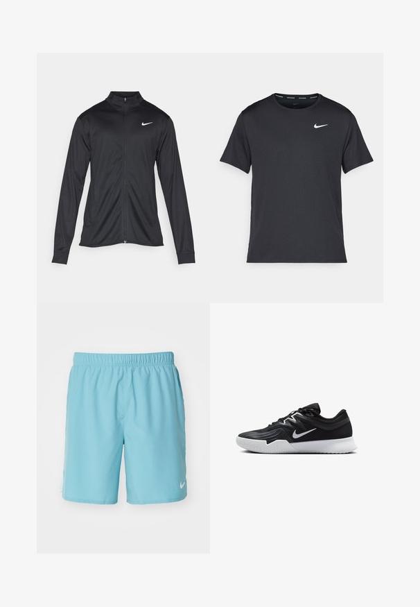 Black athletic jacket with long sleeves, collar, and full zipper. Features a subtle Nike logo in white on the upper left chest. Smooth texture.; Black Nike running T-shirt made of lightweight, breathable material, featuring short sleeves and a small white logo on the chest.; Nike Performance CHALLENGER SHORT - Sports shorts - denim turq/glacier blue/black/silver; Black athletic shoe with a textured upper, white Nike swoosh, and a white rubber outsole. Features a lace-up design and dynamic shape.