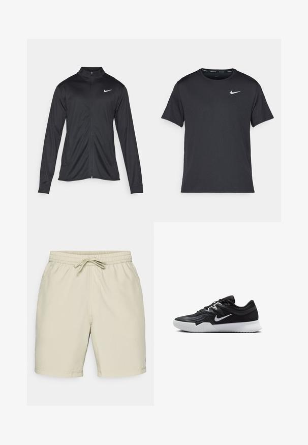 Must värvi sportlik jakk pikkade varrukatega, krae ja täispikk tõmblukk. Ülemises vasakus rinnas on diskreetne valge Nike logo. Sile tekstuur.; Mustamust Nike'i jooksupaita, mis on valmistatud kergest ja hingavast materjalist, lühikeste varrukatega ja mille rinnal on väike valge logo.; Heledad beige ujumispüksid elastse vöökohaga, reguleeritava paelaga ja küljetaskutega. Sile tekstuur ja keskmise reie pikkus.; Must mustad jalanikesad rikaste ülaservaga, valge Nike swoosh'i ja valge kummist välispõhjaga. Omab paeltega sulgemisdetaili ja dünaamilist kuju.