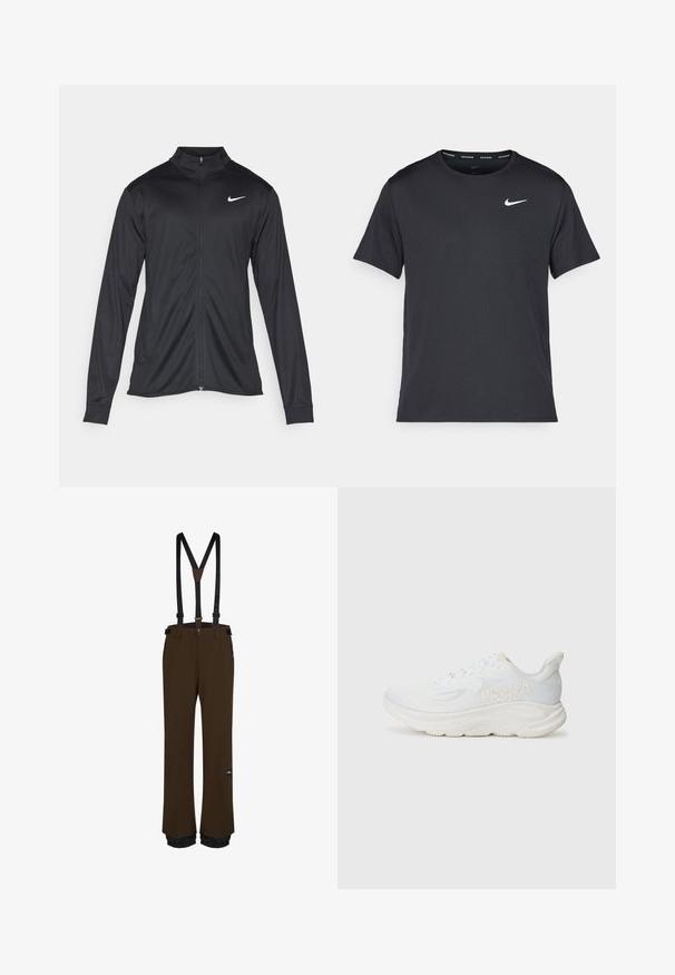 Must värvi sportlik jakk pikkade varrukatega, krae ja täispikk tõmblukk. Ülemises vasakus rinnas on diskreetne valge Nike logo. Sile tekstuur.; Mustamust Nike'i jooksupaita, mis on valmistatud kergest ja hingavast materjalist, lühikeste varrukatega ja mille rinnal on väike valge logo.; Pruunid lumelauapüksid, millel on reguleeritavad mustad kinnitusrihmad, lukuga taskud, tugevdatud servad ja logo silti reie peal.; Valge jooksujalanõu tekstureeritud sasiülemisega, paksu pehmendusega tald ja külje peal kõrgendatud logo. Kinnitatav nööridega, et tagada kindel sobivus.