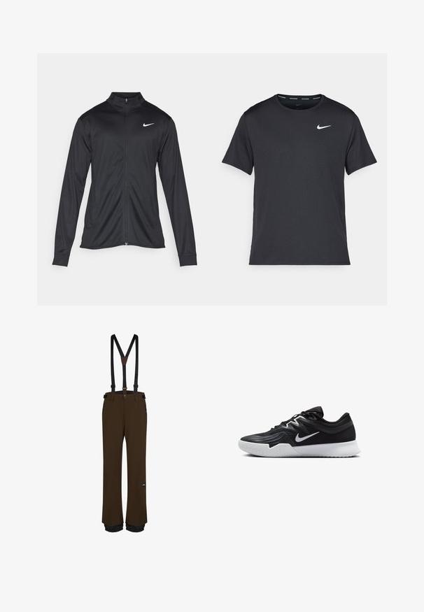 Sort atletisk jakke med lange ærmer, krave og fuld lynlås. Har et diskret Nike-logo i hvidt på den øverste venstre side af brystet. Glat tekstur.; Sort Nike løbe T-shirt lavet af let, åndbart materiale, med korte ærmer og et lille hvidt logo på brystet.; Brune snowboardbukser med justerbare sorte seler, lynlåslommer, forstærkede sømme og et logo-patch på låret.; Sort atletiksko med en tekstureret overdel, hvid Nike swoosh og en hvid gummisål. Har en snørret design og dynamisk form.