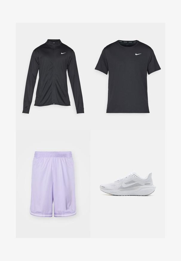 Black athletic jacket with long sleeves, collar, and full zipper. Features a subtle Nike logo in white on the upper left chest. Smooth texture.; Black Nike running T-shirt made of lightweight, breathable material, featuring short sleeves and a small white logo on the chest.; Light purple sports shorts made of breathable mesh fabric, featuring an elastic waistband and contrasting white stripes on the hem.; White athletic shoe with a mesh upper, smooth textured overlays, grey accents, laces, and a cushioned sole designed for performance.