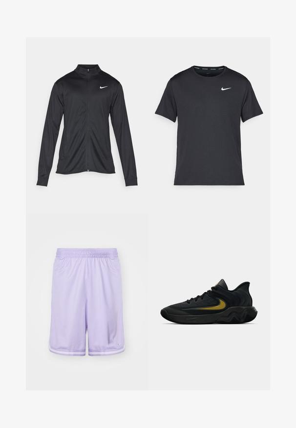 Black athletic jacket with long sleeves, collar, and full zipper. Features a subtle Nike logo in white on the upper left chest. Smooth texture.; Black Nike running T-shirt made of lightweight, breathable material, featuring short sleeves and a small white logo on the chest.; Light purple sports shorts made of breathable mesh fabric, featuring an elastic waistband and contrasting white stripes on the hem.; Black and dark gray athletic shoe with black laces and gold swoosh logo, featuring a wavy sole design and padded heel collar.