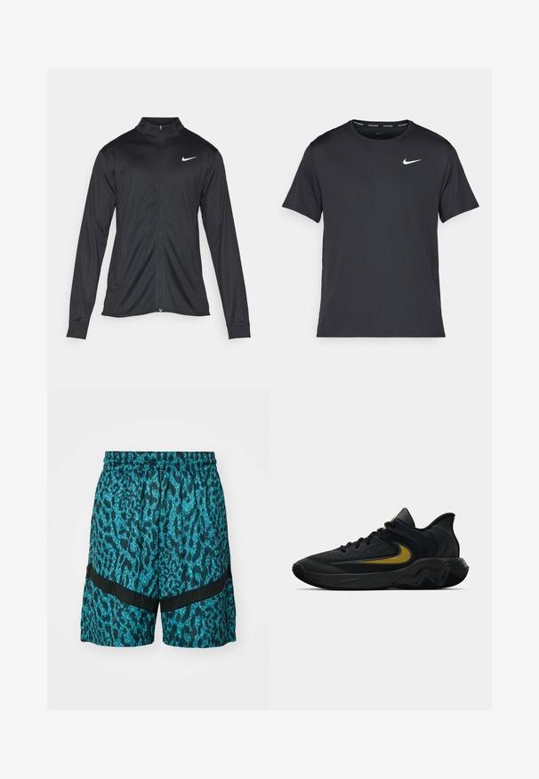 Musta urheilutakki pitkillä hihoilla, kauluksella ja kokonaisella vetoketjulla. Täydentää hienovarainen Nike-logo valkoisena vasemmassa ylärinnassa. Litteä pinta.; Musta Nike juoksupaita, joka on valmistettu kevyestä ja hengittävästä materiaalista. Paidassa on lyhyet hihnat ja pieni valkoinen logo rinnassa.; Turkoosi- ja mustat urheilushortsit, joissa on tiikerikuvio, joustava vyötärö ja kaksi vaakasuoraa mustaa verkkoakselia.; Musta ja tummanharmaa urheilukenkä mustilla nauhoilla ja kultaisella swoosh-logolla, jossa on aaltoileva pohjakuvio ja pehmustettu kantapään kaulus.