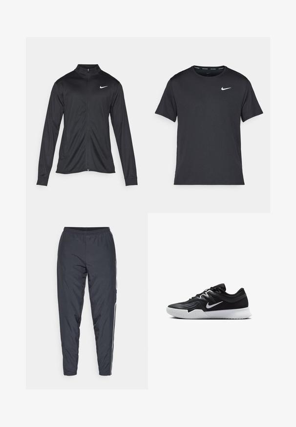 Čierna športová bunda s dlhými rukávmi, golierom a plným zipsom. Obsahuje nenápadné logo Nike v bielej farbe na hornej ľavej hrudi. Hladká textúra.; Čierne bežecké tričko Nike vyrobené z ľahkého a priedušného materiálu, s krátkymi rukávmi a malým bielym logom na hrudi.; Tmavosivé športové nohavice vyrobené z ľahkého materiálu. Majú elastický pás a biele bočné pruhy, úzko sa sťahujúce pri členkoch.; Čierna športová topánka s textúrovaným zvrškom, bielym logom Nike a bielou gumovou podrážkou. Má šnurovací dizajn a dynamický tvar.