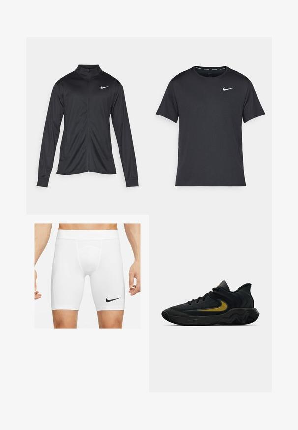 Schwarze Sportjacke mit langen Ärmeln, Kragen und voller Reißverschluss. Verfügt über ein dezentes Nike-Logo in Weiß auf der oberen linken Brust. Glatte Textur.; Schwarzes Nike Lauft-Shirt aus leichtem, atmungsaktivem Material, mit kurzen Ärmeln und einem kleinen weißen Logo auf der Brust.; Weiße Sportshorts mit engem Schnitt, aus glattem Stoff gefertigt. Mit einem schwarzen Nike-Logo auf der linken Seite und einem breiten elastischen Taillenbund.; Schwarzer und dunkelgrauer Sportschuh mit schwarzen Schnürsenkeln und goldenem Swoosh-Logo, ausgestattet mit einem gewellten Sohlen design und gepolstertem Fersenkragen.