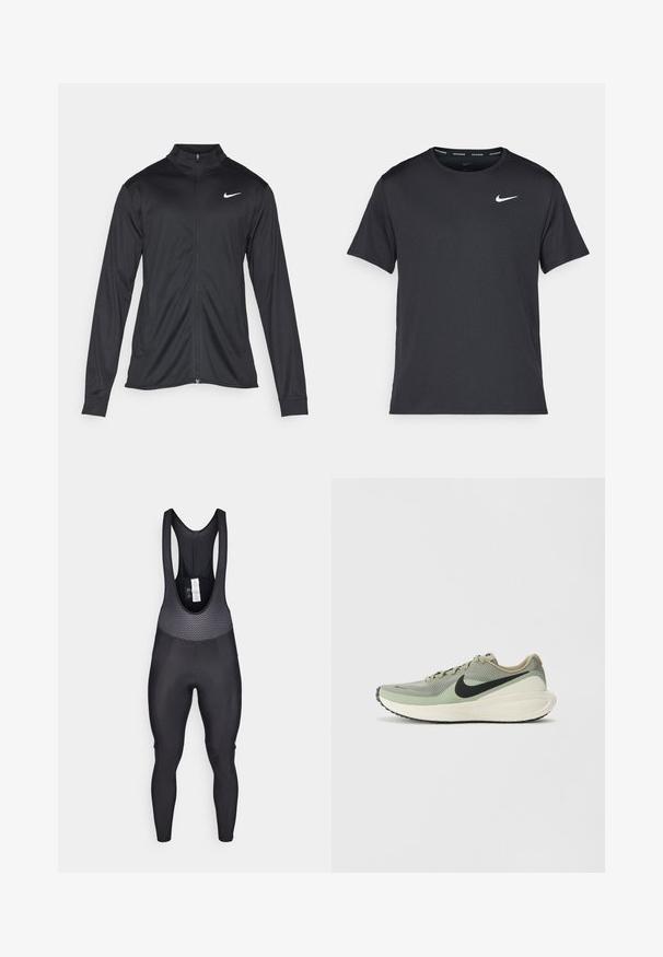 Čierna športová bunda s dlhými rukávmi, golierom a plným zipsom. Obsahuje nenápadné logo Nike v bielej farbe na hornej ľavej hrudi. Hladká textúra.; Čierne bežecké tričko Nike vyrobené z ľahkého a priedušného materiálu, s krátkymi rukávmi a malým bielym logom na hrudi.; Čierne cyklistické nohavice s trakmi so štruktúrovanou hornou časťou a sieťovaným dizajnom, priliehavé nohavice a polstrovaný sedadlo pre pohodlie.; Nike Performance REVOLUTION 8 - Cestná bežecká obuv - army/black/jade horizon/phantom
