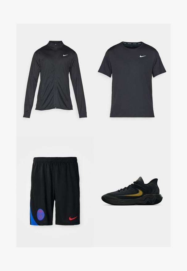 Čierna športová bunda s dlhými rukávmi, golierom a plným zipsom. Obsahuje nenápadné logo Nike v bielej farbe na hornej ľavej hrudi. Hladká textúra.; Čierne bežecké tričko Nike vyrobené z ľahkého a priedušného materiálu, s krátkymi rukávmi a malým bielym logom na hrudi.; Čierne atletické šortky vyrobené z ľahkého materiálu s elastickým pásom. Obsahujú modrý bočný panel a červené logo Nike. Pridaný emblem Paríža.; Čierna a tmavošedá športová obuv s čiernymi šnúrkami a zlatým logom v tvare klíča, s vlnitým dizajnom podrážky a polstrovaným golierom na päte.
