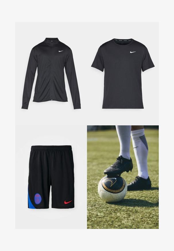 Black athletic jacket with long sleeves, collar, and full zipper. Features a subtle Nike logo in white on the upper left chest. Smooth texture.; Black Nike running T-shirt made of lightweight, breathable material, featuring short sleeves and a small white logo on the chest.; Black athletic shorts made of lightweight fabric with an elastic waistband. Features a blue side panel and red Nike logo. Paris emblem included.; Black soccer cleat on a white and black patterned soccer ball, resting on green grass. The cleat features textured material and laces.