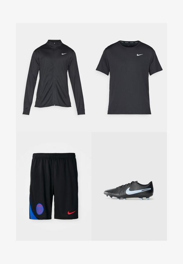 Zwarte sportjack met lange mouwen, kraag en volle rits. Voorzien van een subtiele Nike-logo in het wit op de bovenste linkerborst. Soepele textuur.; Zwarte Nike hardloop T-shirt gemaakt van lichtgewicht, ademend materiaal, met korte mouwen en een klein wit logo op de borst.; Zwarte sportieve shorts gemaakt van lichtgewicht stof met een elastische tailleband. Heeft een blauwe zijpaneel en een rood Nike-logo. Paris-embleem inbegrepen.; Zwarte voetbalschoen met een bovenwerk van leren textuur, blauwe swoosh-logo en lichtblauwe noppen. Heeft een slank ontwerp en veter sluiting.