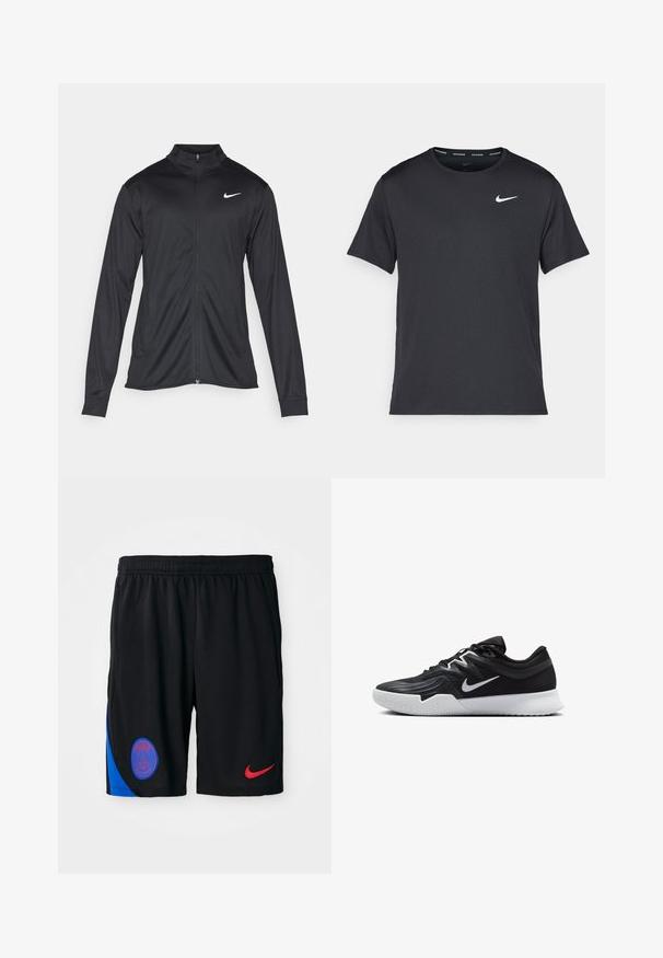 Jacket desportivo preto com mangas longas, colarinho e fecho zip completo. Apresenta um discreto logotipo da Nike em branco na parte superior do lado esquerdo do peito. Textura suave.; T-shirt de corrida Nike preto, feito de material leve e respirável, com mangas curtas e um pequeno logo branco no peito.; Calções desportivos pretos feitos de um tecido leve com um cós elástico. Apresenta um painel lateral azul e o logotipo da Nike em vermelho. Emblema de Paris incluído.; Sapatilha atlética preta com um cabedal texturizado, swoosh branco da Nike e uma sola de borracha branca. Apresenta um design com atacadores e uma forma dinâmica.