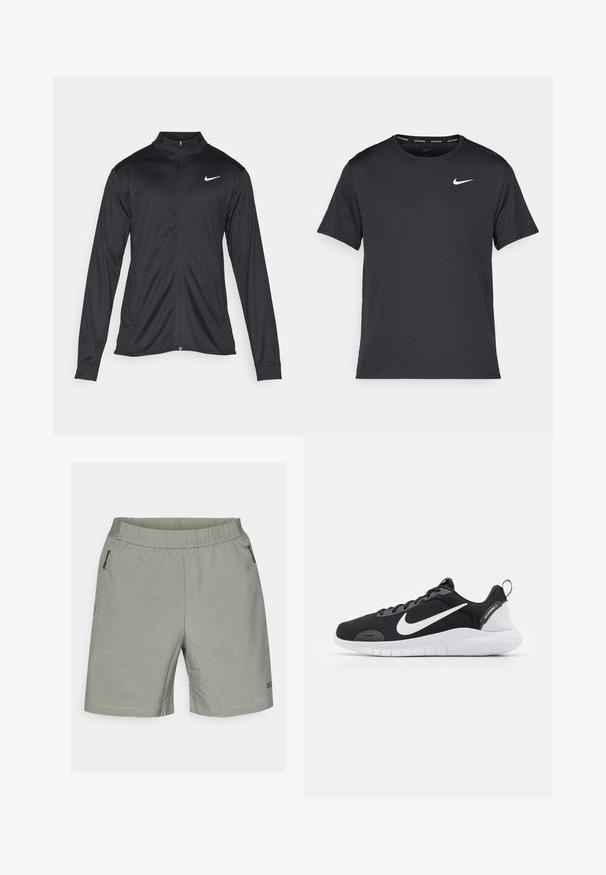 Jacket desportivo preto com mangas longas, colarinho e fecho zip completo. Apresenta um discreto logotipo da Nike em branco na parte superior do lado esquerdo do peito. Textura suave.; T-shirt de corrida Nike preto, feito de material leve e respirável, com mangas curtas e um pequeno logo branco no peito.; Calções cinza-claro com um cós elástico, apresentando um padrão de grelha subtil, dois bolsos laterais com fecho e um logótipo na parte inferior da perna direita.; Sapatilha desportiva preta com parte superior em malha, logótipo Swoosh branco da Nike, acabamentos texturizados e sola de borracha branca. Apresenta uma alça na parte de trás.