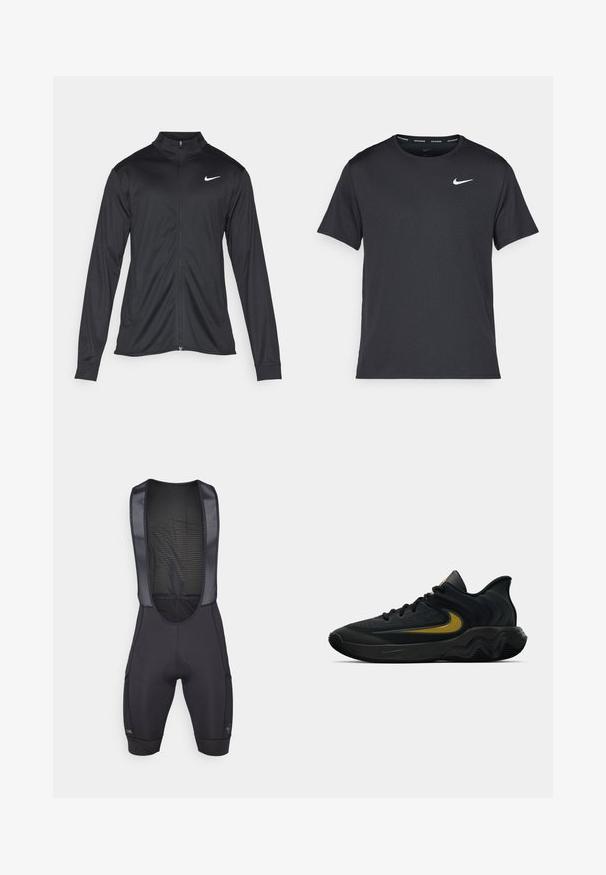 Melna sporta jaka ar garām piedurknēm, apkakli un pilnu rāvējslēdzēju. Uz kreisā krūts augšdaļas ir maigs Nike logo baltā krāsā. Gluda tekstūra.; Melna Nike skriešanas T-kreklā, kas izgatavots no viegla un elpojoša materiāla, ar īsām piedurknēm un mazu baltu logo uz krūtīm.; Melnas velosipēdu bikses ar teksturētu sietu augšu un polsterētu sēžamvietu. Iezīmējas ar ciešu piegriezumu, plakaniem šuvēm un logo uz zemā kājas daļas.; Melna un tumši pelēka sporta apavu pāris ar melnām auklām un zelta Swoosh logo, ar viļņotu zolītes dizainu un polsterētu papēdi.
