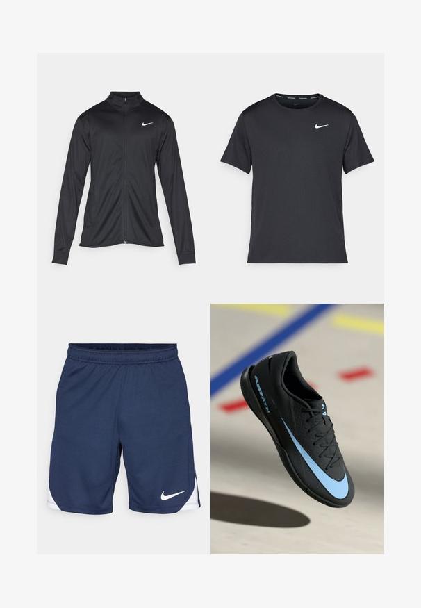 Must värvi sportlik jakk pikkade varrukatega, krae ja täispikk tõmblukk. Ülemises vasakus rinnas on diskreetne valge Nike logo. Sile tekstuur.; Mustamust Nike'i jooksupaita, mis on valmistatud kergest ja hingavast materjalist, lühikeste varrukatega ja mille rinnal on väike valge logo.; Tumesinised sportlikud lühikesed püksid, mis on valmistatud tekstuurist kangast, millel on elastne vöökoht ja valge Nike logo allservas.; Mustad mustus spordijalats siniste detailidega, tekstureeritud pind, lipsudega disain ja eristuv Nike logo. Kummist talla, millel on haardemustrid.