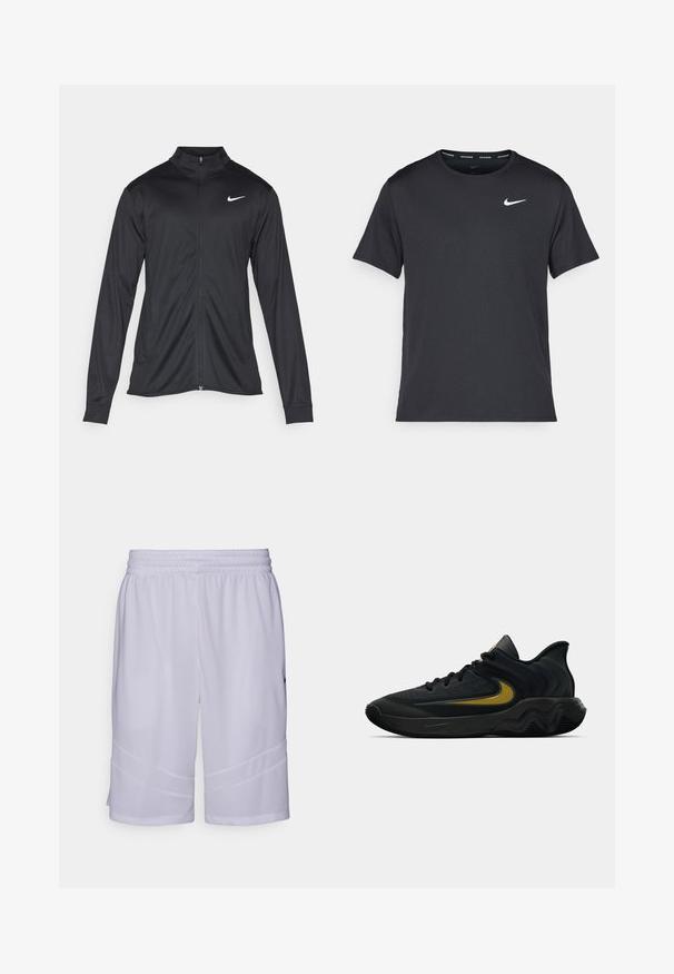 Svart idrettsjakke med lange ermer, krage og full glidelås. Har en subtil Nike-logo i hvitt på øvre venstre bryst. Glatt tekstur.; Svart Nike løpe-T-skjorte laget av lett, pustende stoff, med korte ermer og en liten hvit logo på brystet.; Hvite treningsshorts laget av pustende meshstoff. Har elastisk midjebånd og skrå paneldetaljer ved kanten.; Svart og mørkegrå idrettssko med svarte lisser og gull swoosh-logo, med en bølget såle design og polstret hælkollare.