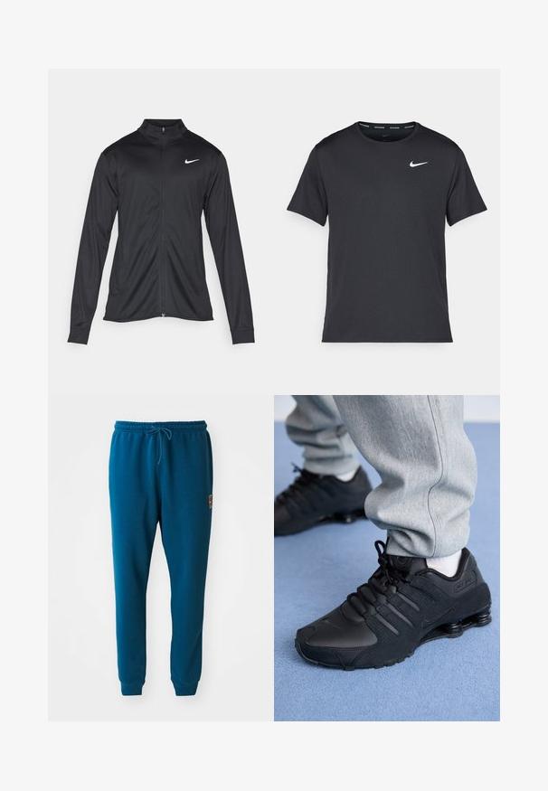 Črna atletska jakna z dolgimi rokavi, ovratnikom in polnim zadrgo. Vključuje diskreten bel Nike logotip na zgornjem levem delu prsnega koša. Gladka tekstura.; Črna tekaška majica Nike, izdelana iz lahkega in zračnega materiala, z kratkimi rokavi in majhnim belim logotipom na prsih.; Turkizne trenirke iz mehkega blaga, ki imajo elastičen pas z vrvico in elastične manšete na gležnjih. Majhna logotipna podrobnost.; Oseba v črnih Nike Shox supergah in sivih trenirkah stoji na svetlo modrem preprogi.