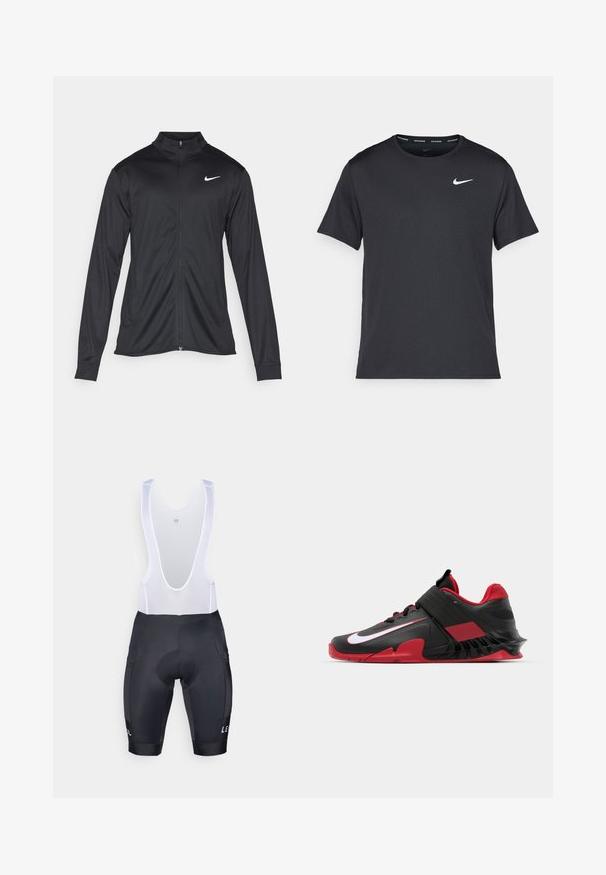 Black athletic jacket with long sleeves, collar, and full zipper. Features a subtle Nike logo in white on the upper left chest. Smooth texture.; Black Nike running T-shirt made of lightweight, breathable material, featuring short sleeves and a small white logo on the chest.; Black cycling bib shorts with a padded chamois, white mesh straps, and logo detail. Smooth texture, fitted shape, and two side pockets.; Black and red athletic sneakers featuring a sleek design, textured mesh upper, sturdy rubber sole, and prominent white logo accent.