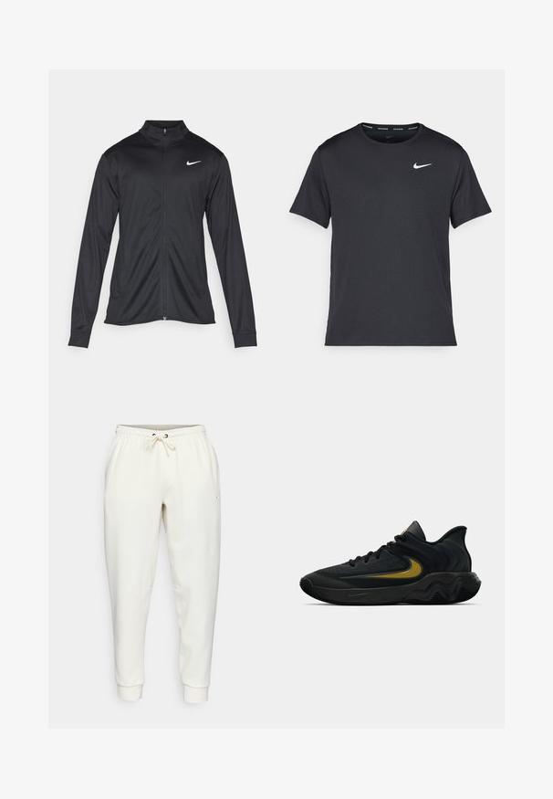 Black athletic jacket with long sleeves, collar, and full zipper. Features a subtle Nike logo in white on the upper left chest. Smooth texture.; Black Nike running T-shirt made of lightweight, breathable material, featuring short sleeves and a small white logo on the chest.; White sweatpants with a drawstring waistband, tapered legs, side pockets, and a small logo. Made from soft, smooth fabric.; Black and dark gray athletic shoe with black laces and gold swoosh logo, featuring a wavy sole design and padded heel collar.