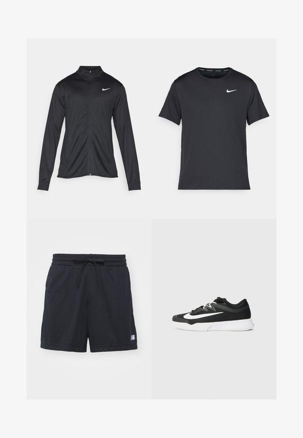 Svart idrottsjacka med långa ärmar, krage och full dragkedja. Har en diskret Nike-logga i vitt på övre vänstra bröstet. Slät yta.; Svart Nike löpeshirt i lätt, andningsbart material, med korta ärmar och en liten vit logotyp på bröstet.; Svarta mesh-idrottsshorts med resårmidja och dragsko samt en liten vit logotyp på nedre högra sidan.; Svart atletisk sko med en texturerad ovandel, vit swoosh-logotyp, snörningsdesign och gummisula med mönstrad slitbana.