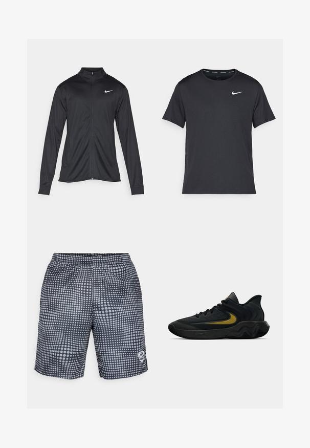 Melna sporta jaka ar garām piedurknēm, apkakli un pilnu rāvējslēdzēju. Uz kreisā krūts augšdaļas ir maigs Nike logo baltā krāsā. Gluda tekstūra.; Melna Nike skriešanas T-kreklā, kas izgatavots no viegla un elpojoša materiāla, ar īsām piedurknēm un mazu baltu logo uz krūtīm.; Melnas peldšortas ar baltu aplīšu rakstu, elastīga josta un logo labajā apakšējā stūrī. Viegls audums.; Melna un tumši pelēka sporta apavu pāris ar melnām auklām un zelta Swoosh logo, ar viļņotu zolītes dizainu un polsterētu papēdi.