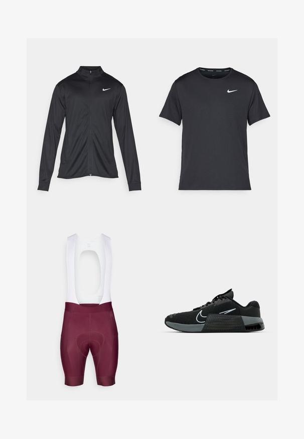 Svart idrettsjakke med lange ermer, krage og full glidelås. Har en subtil Nike-logo i hvitt på øvre venstre bryst. Glatt tekstur.; Svart Nike løpe-T-skjorte laget av lett, pustende stoff, med korte ermer og en liten hvit logo på brystet.; Bib-shorts laget av stretch-stoff, med en burgunderfarge og en hvit øverste del samt en fremtredende chamoispute for komfort.; Svart atletisk sko med mesh-overdel, grå detaljer og teksturert såle. Har en fremtredende logo og snøring. Gummisåle for godt grep.