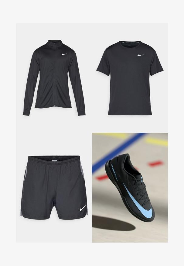 Zwarte sportjack met lange mouwen, kraag en volle rits. Voorzien van een subtiele Nike-logo in het wit op de bovenste linkerborst. Soepele textuur.; Zwarte Nike hardloop T-shirt gemaakt van lichtgewicht, ademend materiaal, met korte mouwen en een klein wit logo op de borst.; Zwarte sportshorts met een mesh zijpaneel en een elastische tailleband. Logo in het wit aan de onderkant van de voorkant. Lichtgewicht stof.; Zwarte sportschoen met blauwe accenten, gestructureerd oppervlak, vetersluiting en herkenbaar Nike-logo. Rubberen zool met grippatronen.