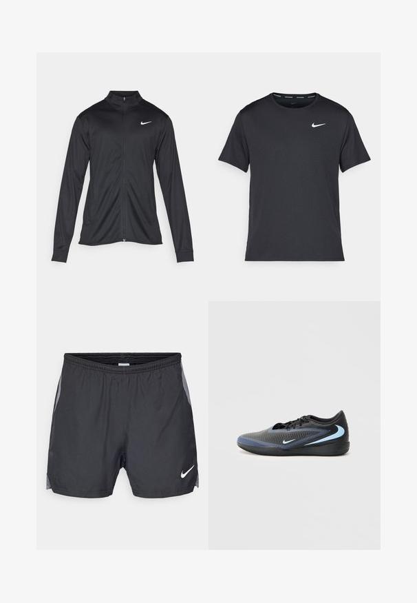 Svart idrottsjacka med långa ärmar, krage och full dragkedja. Har en diskret Nike-logga i vitt på övre vänstra bröstet. Slät yta.; Svart Nike löpeshirt i lätt, andningsbart material, med korta ärmar och en liten vit logotyp på bröstet.; Svarta träningsshorts med ett meshnät på sidan och elastisk midja. Vit logo på nedre framsidan. Lättviktigt tyg.; Svart och blå lågklippt atletisk sko med texturerad yta, svarta snören och ljusblå Nike-swoosh-loggor på sidan och sulan.