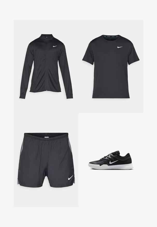 Schwarze Sportjacke mit langen Ärmeln, Kragen und voller Reißverschluss. Verfügt über ein dezentes Nike-Logo in Weiß auf der oberen linken Brust. Glatte Textur.; Schwarzes Nike Lauft-Shirt aus leichtem, atmungsaktivem Material, mit kurzen Ärmeln und einem kleinen weißen Logo auf der Brust.; Schwarze Sportshorts mit einem Mesh-Seiteneinsatz und einem elastischen Bund. Logo in Weiß auf der unteren Vorderseite. Leichtes Material.; Schwarzer Sportschuh mit strukturiertem Obermaterial, weißem Nike-Warenzeichen und einer weißen Gummisohle. Verfügt über ein Schnürdesign und eine dynamische Form.
