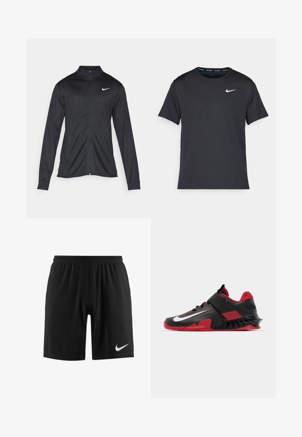 Chaqueta atlética negra con mangas largas, collar y cremallera completa. Presenta un sutil logo de Nike en blanco en la parte superior izquierda del pecho. Textura suave.; Camiseta de running negra de Nike, hecha de material ligero y transpirable, con mangas cortas y un pequeño logo blanco en el pecho.; Pantalones cortos deportivos negros con una cintura elástica, que cuentan con un logotipo blanco de Nike en el dobladillo izquierdo y una tela suave y ligera.; Zapatillas deportivas negras y rojas con un diseño elegante, parte superior de malla texturizada, suela de goma resistente y acento destacado con logotipo blanco.