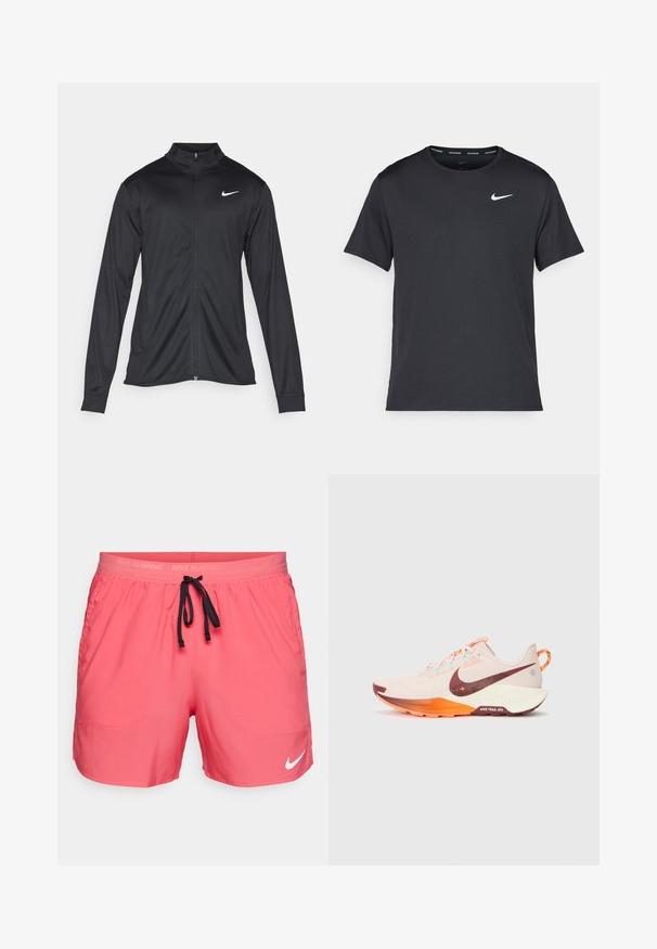 Melna sporta jaka ar garām piedurknēm, apkakli un pilnu rāvējslēdzēju. Uz kreisā krūts augšdaļas ir maigs Nike logo baltā krāsā. Gluda tekstūra.; Melna Nike skriešanas T-kreklā, kas izgatavots no viegla un elpojoša materiāla, ar īsām piedurknēm un mazu baltu logo uz krūtīm.; Nike Performance STRIDE - Sporta šorti - aster pink/black/reflective silver; Nike Performance REACTX PEGASUS 5 - Krosa skriešanas apavi - silt red/ team red/hyper crimson/sail/glacier blue