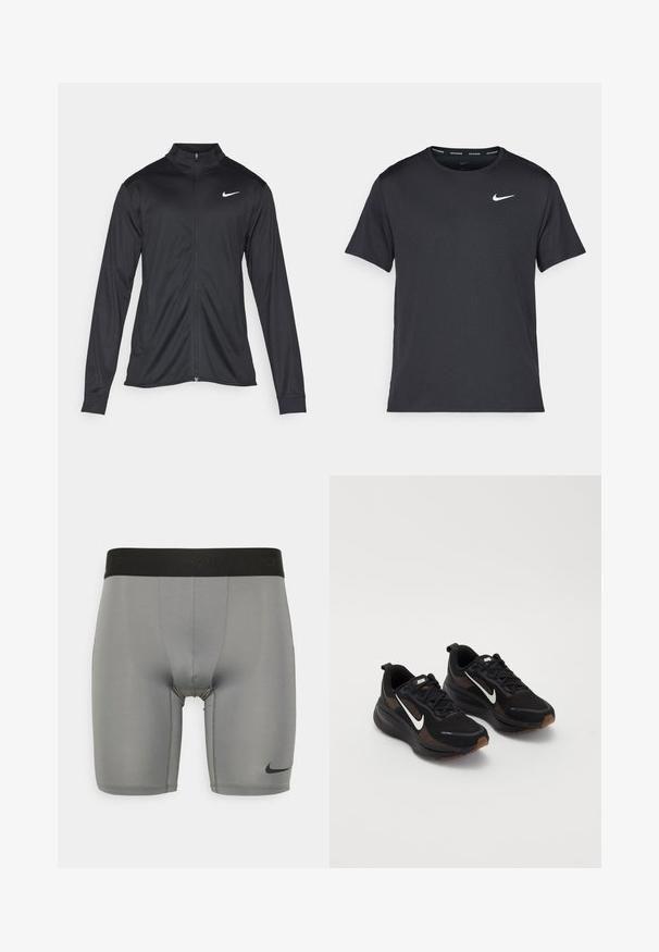 Chaqueta atlética negra con mangas largas, collar y cremallera completa. Presenta un sutil logo de Nike en blanco en la parte superior izquierda del pecho. Textura suave.; Camiseta de running negra de Nike, hecha de material ligero y transpirable, con mangas cortas y un pequeño logo blanco en el pecho.; Pantalones cortos deportivos grises hechos de un material suave y elástico. Presentan una cinturilla negra con el texto "NIKE PRO" y un pequeño logo negro en el dobladillo.; Zapatillas deportivas negras con una parte superior de malla transpirable, logo de Nike en blanco, suela texturizada y acentos marrones contrastantes. Incluye refuerzo en el talón.
