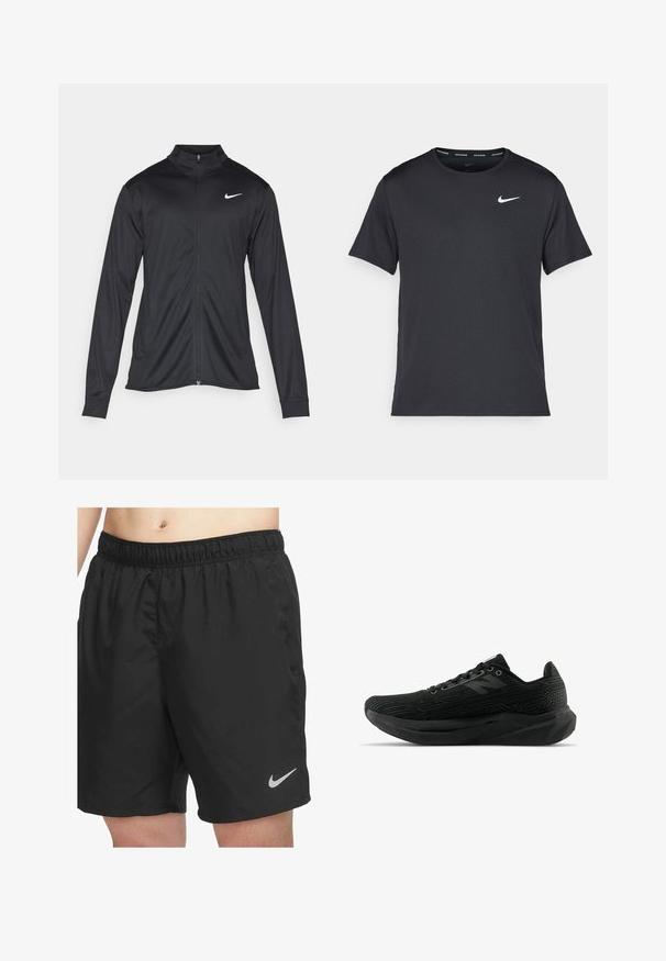 Svart idrettsjakke med lange ermer, krage og full glidelås. Har en subtil Nike-logo i hvitt på øvre venstre bryst. Glatt tekstur.; Svart Nike løpe-T-skjorte laget av lett, pustende stoff, med korte ermer og en liten hvit logo på brystet.; Svarte treningsshorts laget av lett materiale, med elastisk livline og en liten grå Nike-logo nederst til høyre.; Svart atletisk sko med teksturert overdel, som har et strømlinjeformet design, snøring og en tykkere såle med mønster for bedre grep.