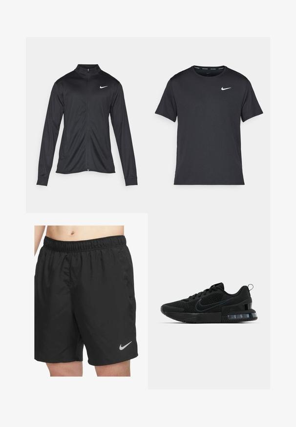 Chaqueta atlética negra con mangas largas, collar y cremallera completa. Presenta un sutil logo de Nike en blanco en la parte superior izquierda del pecho. Textura suave.; Camiseta de running negra de Nike, hecha de material ligero y transpirable, con mangas cortas y un pequeño logo blanco en el pecho.; Shorts deportivos negros hechos de un material ligero, con una cintura elástica y un pequeño logo gris de Nike en la parte inferior derecha.; Zapatillas Nike negras con parte superior de malla, suela texturizada y unidad de aire visible en el talón. Acentos y logotipo en un tono de negro más oscuro.