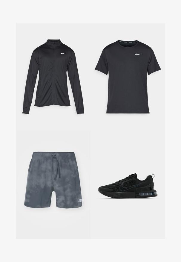 Melna sporta jaka ar garām piedurknēm, apkakli un pilnu rāvējslēdzēju. Uz kreisā krūts augšdaļas ir maigs Nike logo baltā krāsā. Gluda tekstūra.; Melna Nike skriešanas T-kreklā, kas izgatavots no viegla un elpojoša materiāla, ar īsām piedurknēm un mazu baltu logo uz krūtīm.; Pelēki sporta šorti ar auklu, izgatavoti no teksturēta auduma, ar punktveida rakstiem vienā pusē un logo apakšējā labajā stūrī.; Melnas Nike sporta kurpes ar sietu augšpusi, gumijas zoli, polsterētu apkakli un izteiktu caurspīdīgu papēdi.