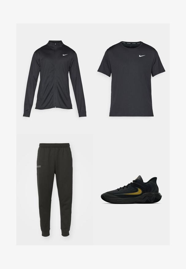 Čierna športová bunda s dlhými rukávmi, golierom a plným zipsom. Obsahuje nenápadné logo Nike v bielej farbe na hornej ľavej hrudi. Hladká textúra.; Čierne bežecké tričko Nike vyrobené z ľahkého a priedušného materiálu, s krátkymi rukávmi a malým bielym logom na hrudi.; Nike Performance PANT - Tepláky - black; Čierna a tmavošedá športová obuv s čiernymi šnúrkami a zlatým logom v tvare klíča, s vlnitým dizajnom podrážky a polstrovaným golierom na päte.