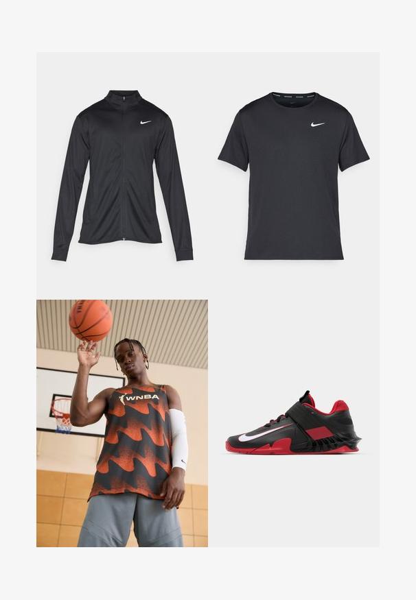 Črna atletska jakna z dolgimi rokavi, ovratnikom in polnim zadrgo. Vključuje diskreten bel Nike logotip na zgornjem levem delu prsnega koša. Gladka tekstura.; Črna tekaška majica Nike, izdelana iz lahkega in zračnega materiala, z kratkimi rokavi in majhnim belim logotipom na prsih.; Tank top WNBA v oranžni in črni barvi, ki vsebuje valovit vzorec. Ujemite ga z sivimi kratkimi hlačami in belim rokavom, drži košarko nad glavo.; Črne in rdeče atletske teniske z elegantnim dizajnom, teksturiranim mrežastim zgornjim delom, trdnim gumijastim podplatom in izpostavljenim belim logotipom.