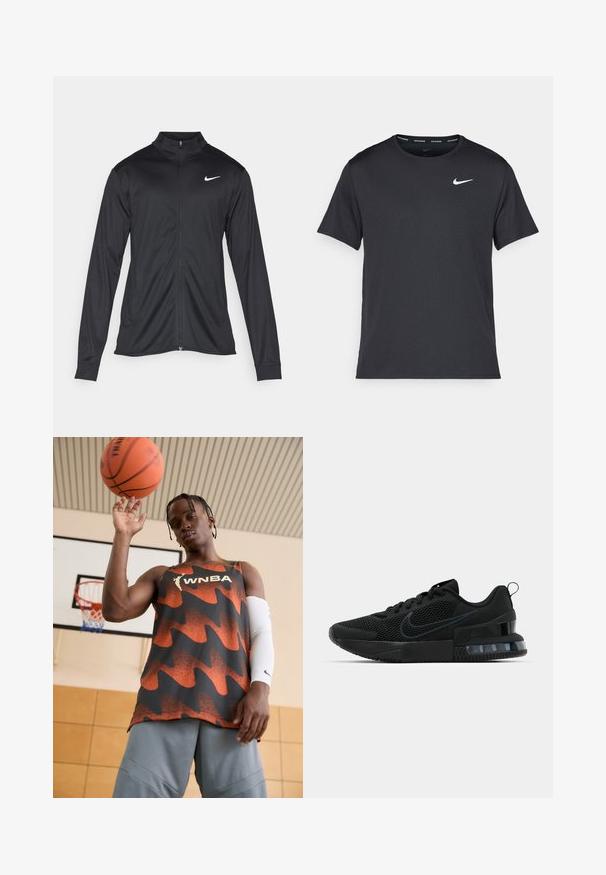 Črna atletska jakna z dolgimi rokavi, ovratnikom in polnim zadrgo. Vključuje diskreten bel Nike logotip na zgornjem levem delu prsnega koša. Gladka tekstura.; Črna tekaška majica Nike, izdelana iz lahkega in zračnega materiala, z kratkimi rokavi in majhnim belim logotipom na prsih.; Tank top WNBA v oranžni in črni barvi, ki vsebuje valovit vzorec. Ujemite ga z sivimi kratkimi hlačami in belim rokavom, drži košarko nad glavo.; Črne atletske tenisice Nike z mrežno zgornjico, gumijastim podplatom, oblazinjenim ovratnikom in značilnim prozornim poudarkom na peti.